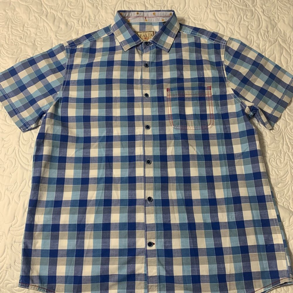 Vintage Italia (c.1958) Mens short sleeve Blue Plaid Short Sleeve Button-Up (M)